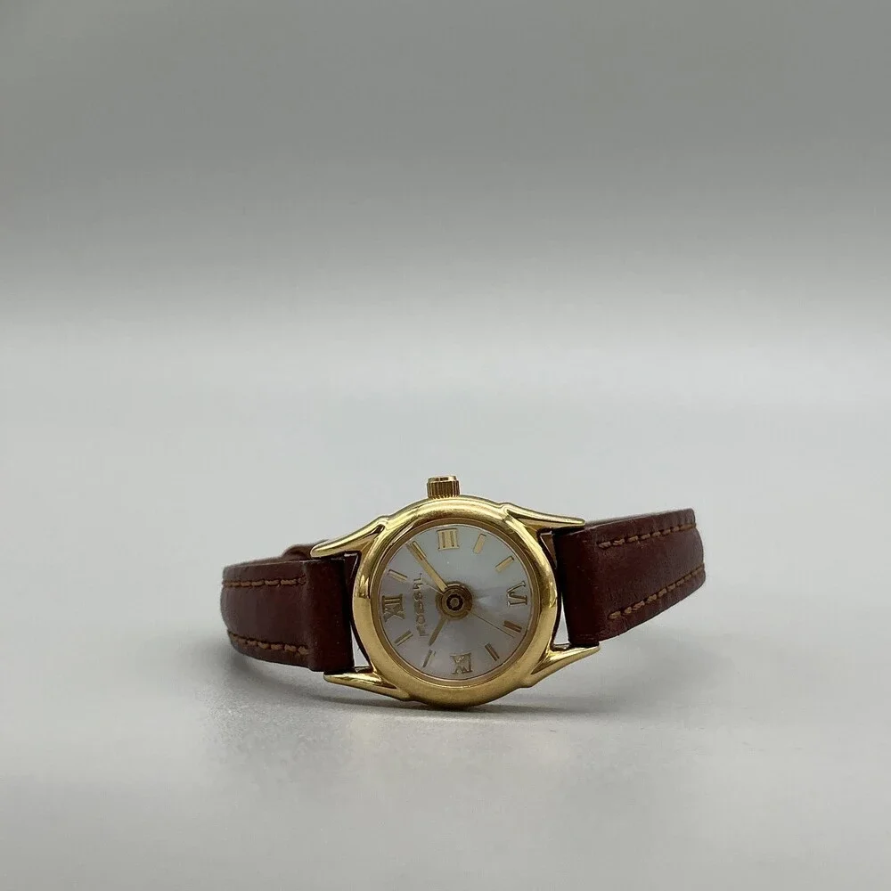 Fossil Womens Watch 19mm Rivoli MOP Brown Leather Gold Tone PC-9536 Quartz 30M